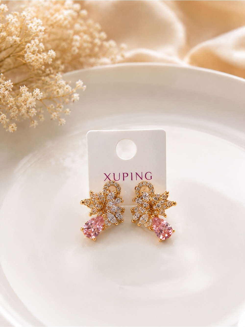 18K Gold Laminated Pink CZ Bow Stud Earrings – Elegant Jewelry